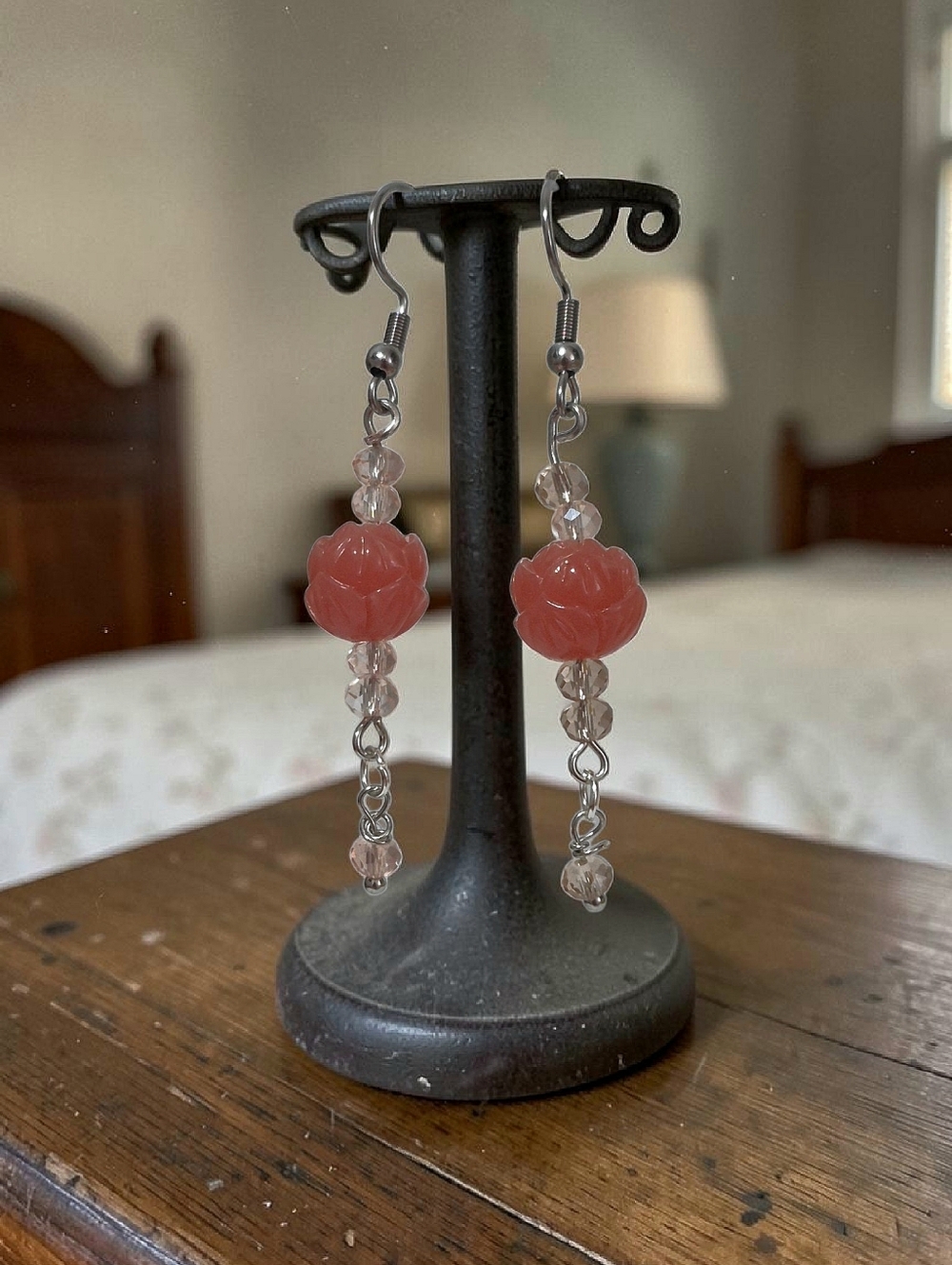 Hanfcrafted Pink Lotus Flower And Glass Bead Dangle Earrings - Picture 2 of 4